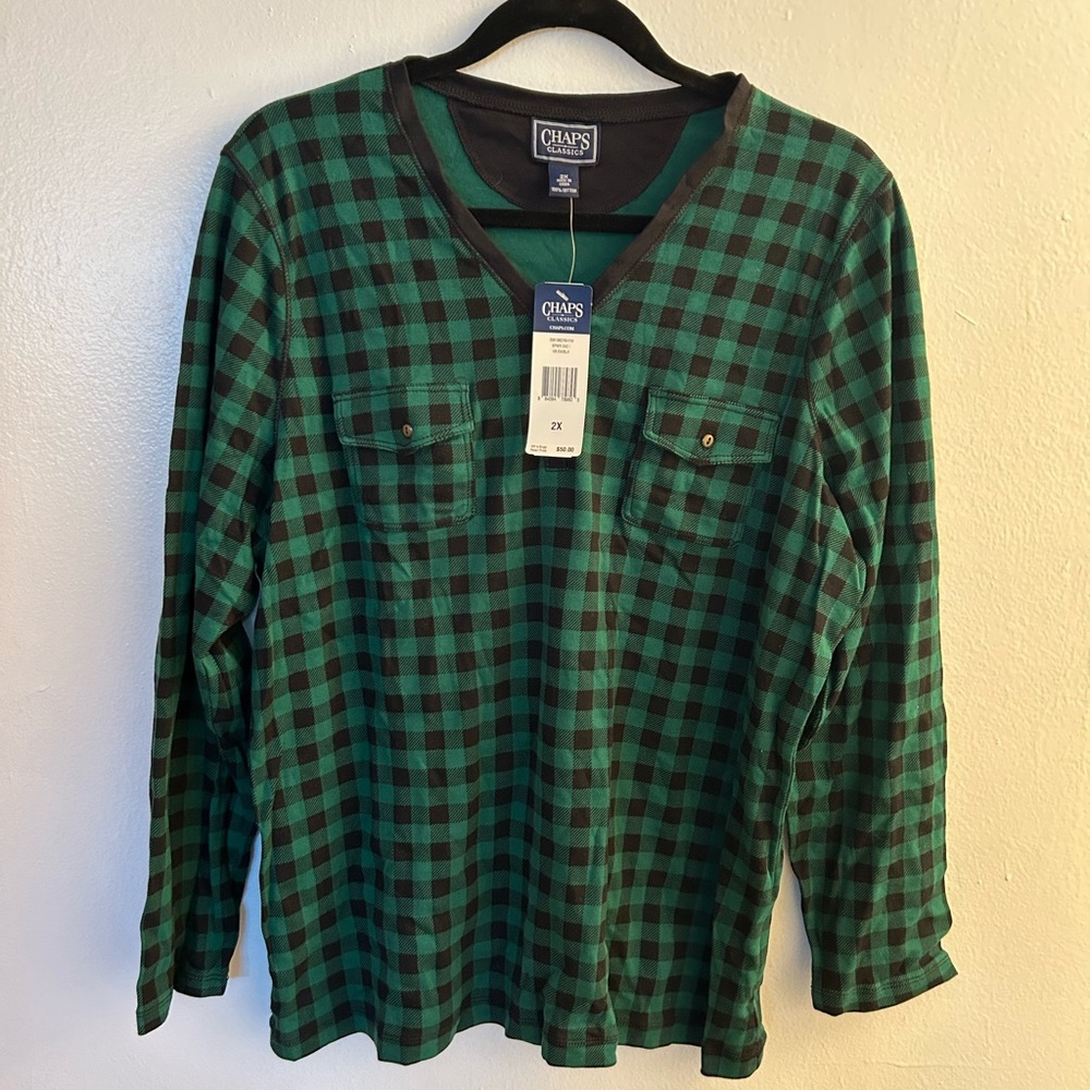 NWT Women's Long Sleeve Chaps V neck Plaid Henley Shirt size 2X